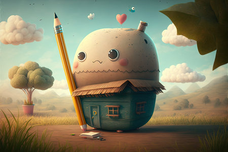 cute cartoon character with pencil, drawing dreamy and serene landscape, created with generative aiの素材