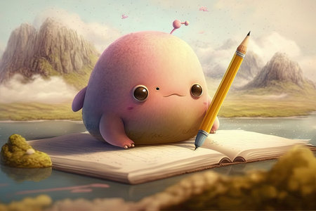 cute cartoon character with pencil, drawing dreamy and serene landscape, created with generative aiの素材
