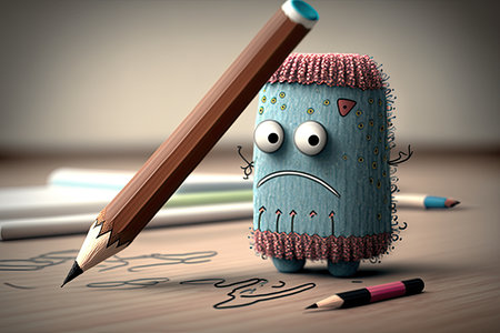 cute cartoon character with pencil and eraser, drawing intricate doodle, created with generative aiの素材