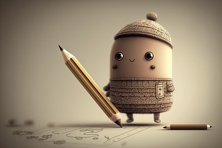 cute cartoon character with pencil and eraser, drawing intricate doodle, created with generative aiの素材