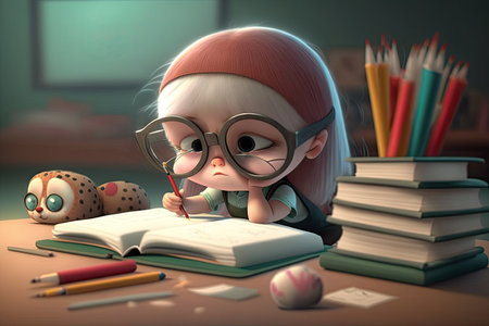 cute cartoon character studying, with books and pencils on desk, created with generative aiの素材