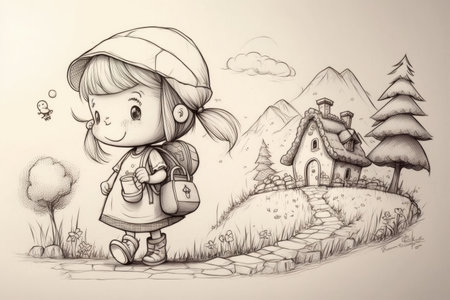 cute cartoon character drawing, with pencil sketch of beautiful landscape, created with generative aiの素材