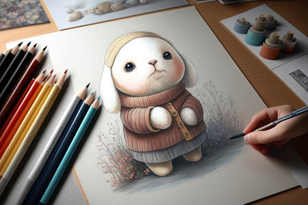 cute character drawing with colored pencils, bringing the artwork to life, created with generative aiの素材