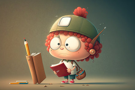 cute cartoon character at school, holding pencil and book, created with generative aiの素材