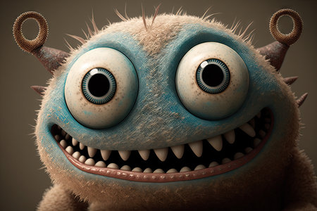 close-up of cute funny monsters face, with its big eyes and huge smile, created with generative aiの素材