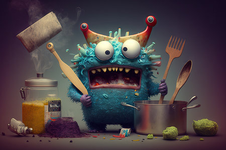 cute funny monster doing cooking, with ingredients and utensils, created with generative aiの素材