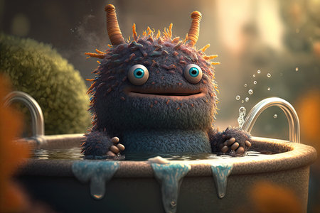 cute funny monster enjoying relaxing day in hot tub, created with generative aiの素材