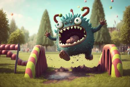 cute funny monster jumping over obstacle in the park, created with generative aiの素材