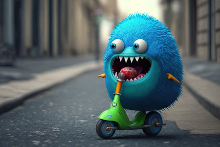 cute funny monster riding scooter, with its tongue out and enjoying the ride, created with generative aiの素材
