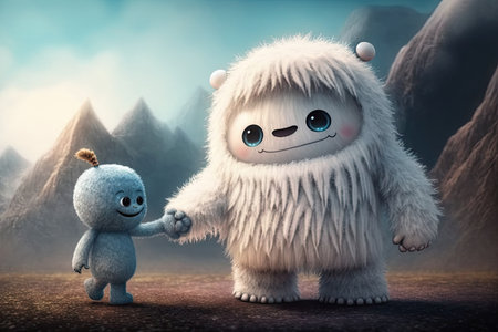 cute funny monster hand-in-hand with its best friend, a cute yeti, created with generative aiの素材