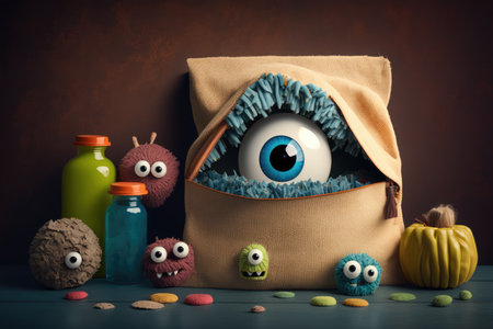 cute funny monster hiding behind various objects, peeking out at the viewer, created with generative aiの素材
