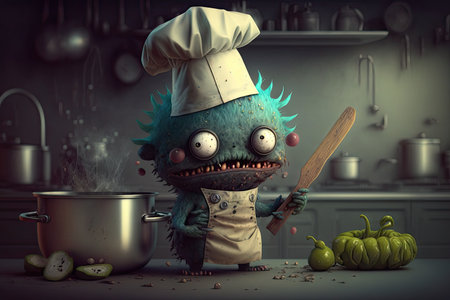 cute monster in chefs hat and apron, preparing delicious gourmet meal, created with generative aiの素材