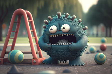 cute funny monster playing with ball on playground, created with generative aiの素材