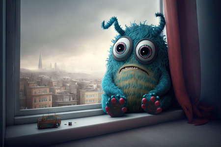 cute funny monster sitting on windowsill, looking out at the view, created with generative aiの素材