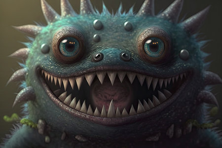 close-up of cute monsters face, with its eyes and teeth on full display, created with generative aiの素材