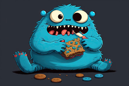 cute and funny monster eating its favorite snack, cookies, created with generative aiの素材