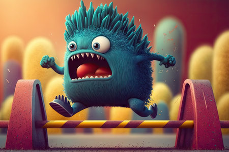 cute monster jumping over the hurdle in track and field competition, created with generative aiの素材