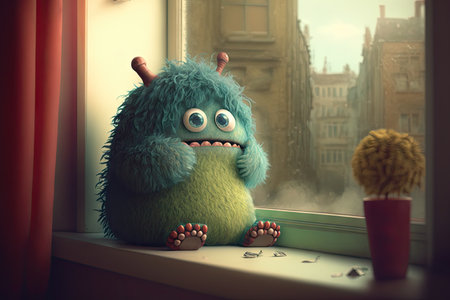 cute funny monster sitting on windowsill, looking out at the view, created with generative aiの素材