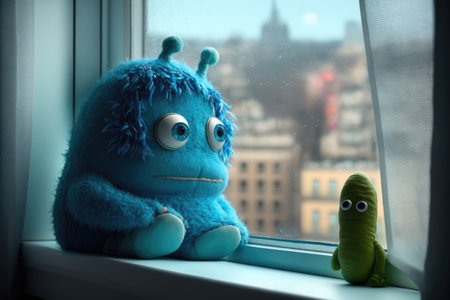 cute funny monster sitting on windowsill, looking out at the view, created with generative aiの素材