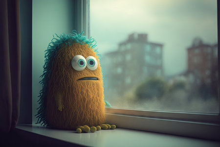 cute funny monster sitting on windowsill, looking out at the view, created with generative aiの素材