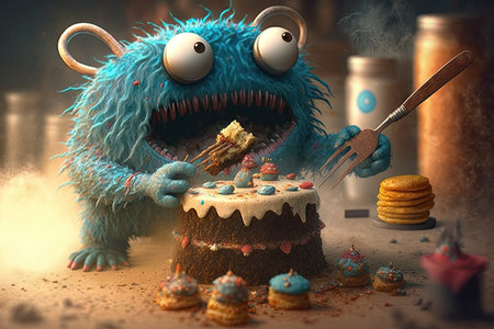 cute monster, baking delicious cake and sharing with friends, created with generative aiの素材
