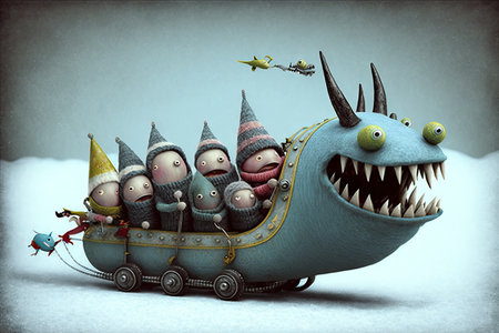 monster riding sleigh, being pulled by team of miniature monsters, created with generative aiの素材