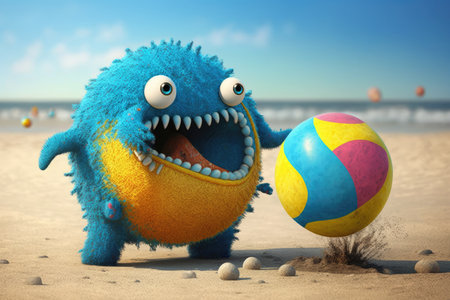 cute funny monster playing with beach ball at the beach, created with generative aiの素材