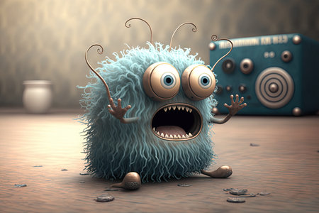 cute funny monster scared by loud noise, running away from source of the sound, created with generative aiの素材