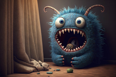 cute monster, with its tongue hanging out and drooling, chasing after terrified victim, created with generative aiの素材