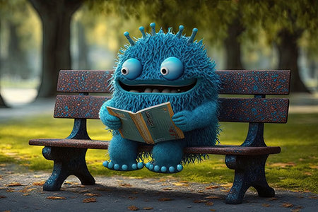 cute funny monster, sitting on park bench, reading book, created with generative aiの素材