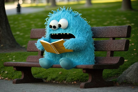 cute funny monster, sitting on park bench, reading book, created with generative aiの素材