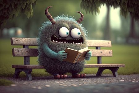 cute funny monster, sitting on park bench, reading book, created with generative aiの素材
