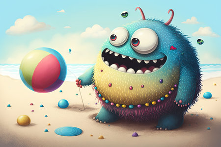 cute monster playing with beach ball at the seashore, created with generative aiの素材