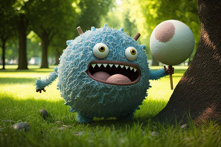 cute funny monster, playing fetch with foam ball in the park, created with generative aiの素材