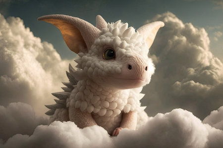 cute little dragon, with its head in the clouds, surrounded by fluffy cloud, created with generative aiの素材