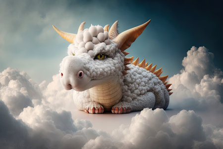 cute little dragon, with its head in the clouds, surrounded by fluffy cloud, created with generative aiの素材