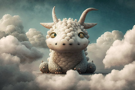 cute little dragon, with its head in the clouds, surrounded by fluffy cloud, created with generative aiの素材
