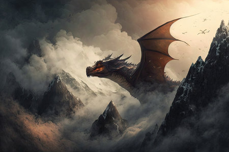 little dragon, flying through the clouds and over majestic mountain ranges, created with generative aiの素材