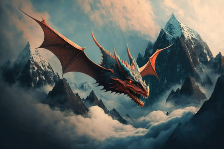 little dragon, flying through the clouds and over majestic mountain ranges, created with generative aiの素材