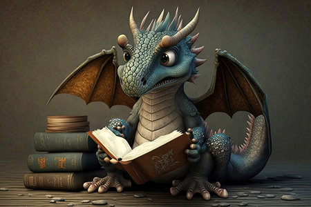 cute dragon sitting on book, reading with its claws, created with generative aiの素材