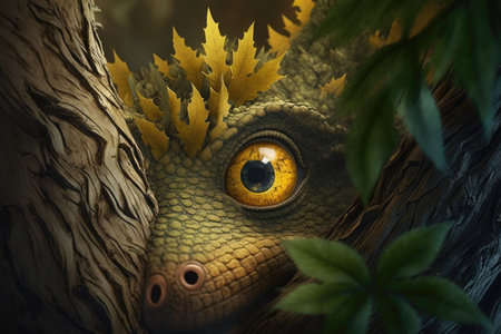 cute little dragon peeking out from behind tree, with its yellow eyes shining, created with generative aiの素材