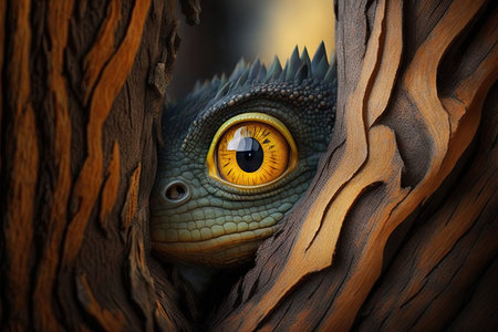 cute little dragon peeking out from behind tree, with its yellow eyes shining, created with generative aiの素材