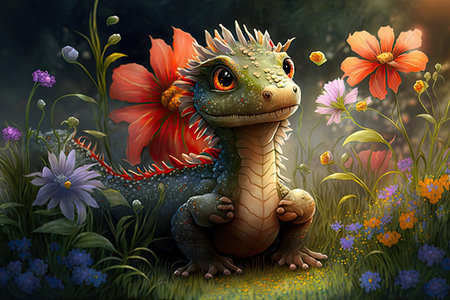 cute little dragon playing in field of magical flowers, created with generative aiの素材