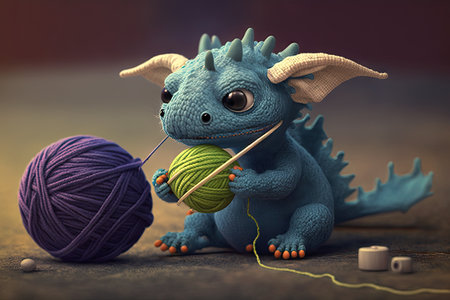 cute little dragon playing with his favorite toy, ball of yarn, created with generative aiの素材