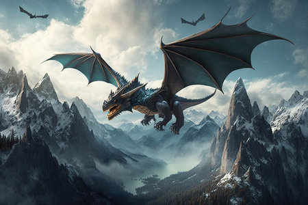 cute little dragon flying over mountain range, with majestic peaks in the background, created with generative aiの素材