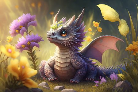 cute little dragon playing in meadow, with butterflies and flowers, created with generative aiの素材