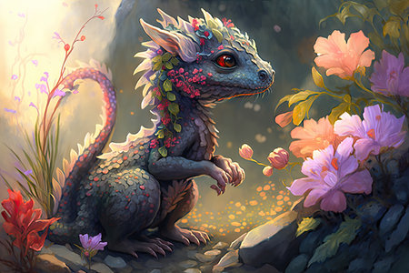 cute little dragon playing among blooming flowers, created with generative aiの素材