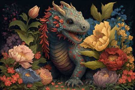 cute little dragon playing among blooming flowers, created with generative aiの素材
