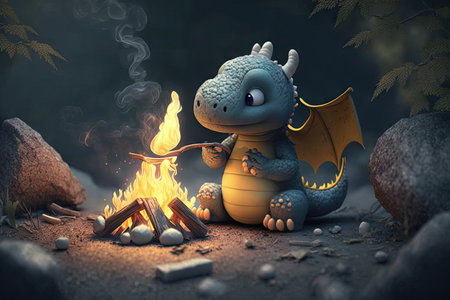 cute little dragon roasting marshmallow over campfire, created with generative aiの素材