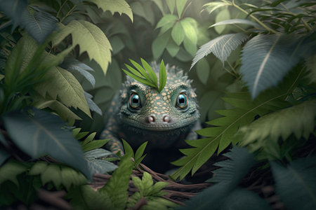 cute little dragon hiding among dense foliage, peeking out at viewer, created with generative aiの素材